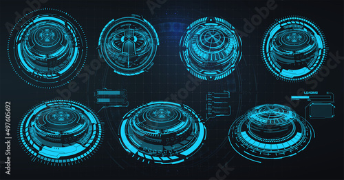 HUD futuristic white element. Set Circle Abstract Digital Technology UI Futuristic. Circle geometric shape. HUD aim controls and digital gauges. Digital screen interface future Sci Fi technology. 