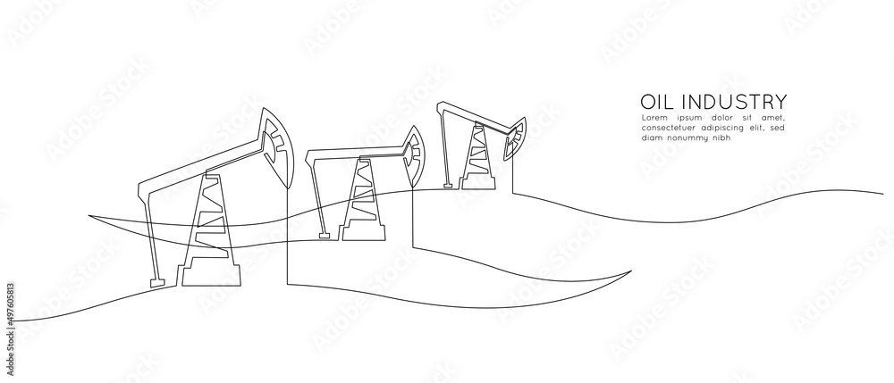 Obraz premium One continuous line drawing of Oil pumps jacks among hilly landscape. Pump stations and derrick petroleum production and trade industry in simple linear style. Doodle vector illustration