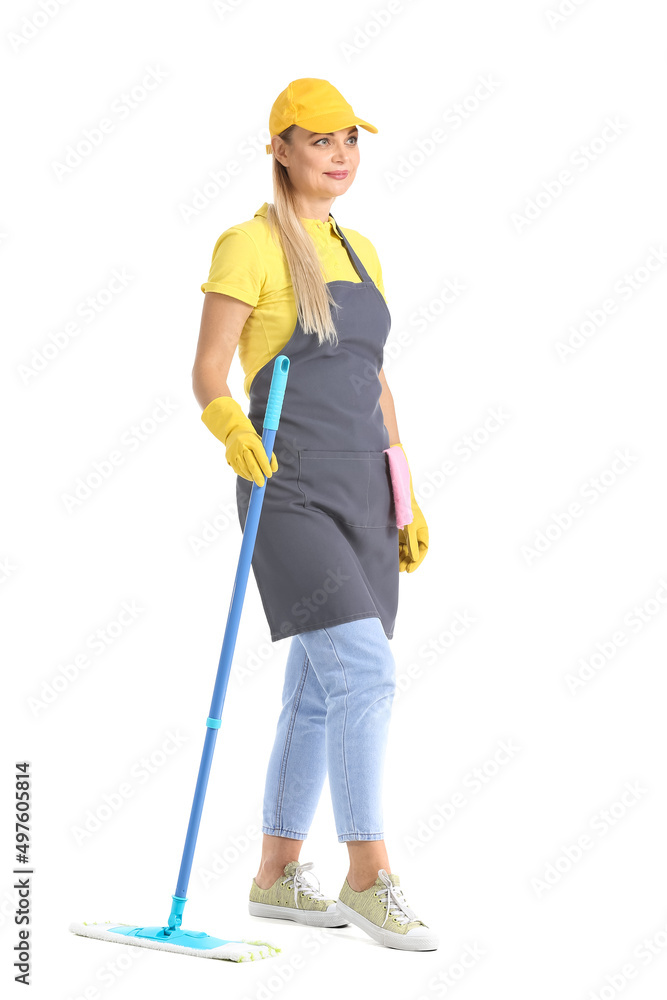 Worker of cleaning service with mop on white background Worker of cleaning service with mop on white background
