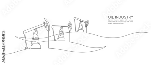 One continuous line drawing of Oil pumps jacks among hilly landscape. Pump stations and derrick petroleum production and trade industry in simple linear style. Doodle vector illustration