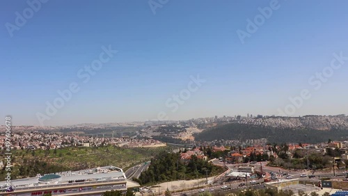 A panoramic view of the Jerusalem mountains and the western neighborhoods of the city, from the observatory in the Castel National Park photo