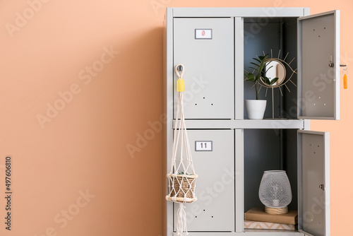 Locker near color wall in room