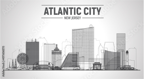 Atlantic City (New Jersey) line skyline on white background. Flat vector illustration. Business travel and tourism concept with modern buildings. Image for a banner website. photo