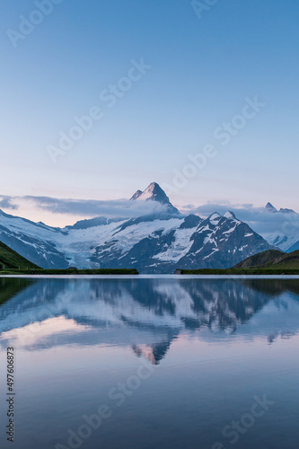 mighty Schreckhorn at sunrise seen from Bachalpsee near Grindelwald