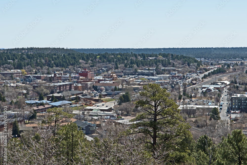 A view of Flagstaff, taken from near the Lowell Observatory, and showing the historic center, Route 66 and the railroad.