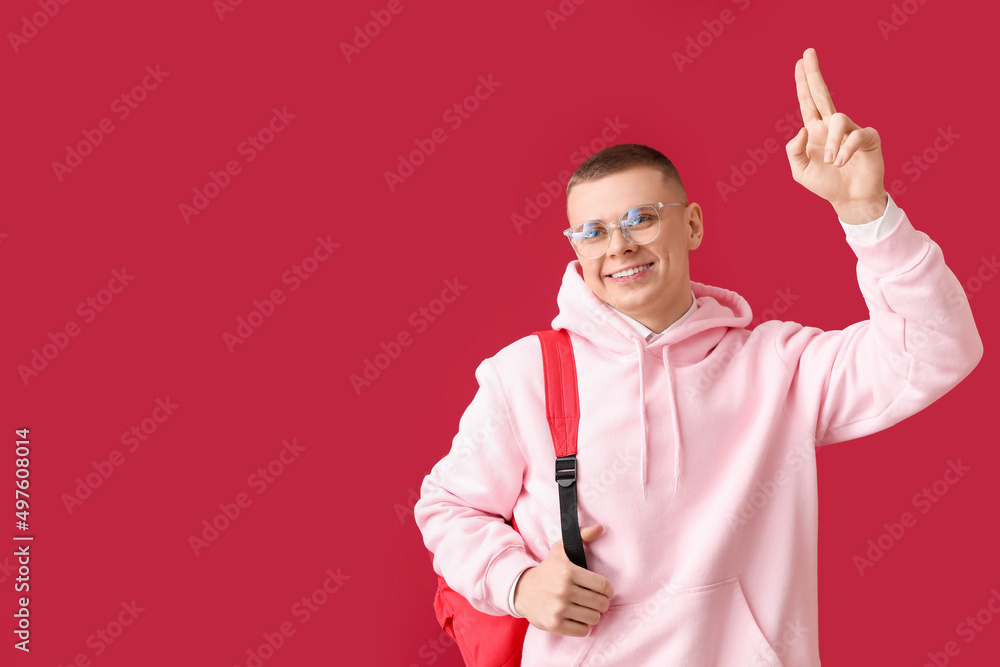 Male student in eyeglasses with backpack on red background Male student in eyeglasses with backpack on red background