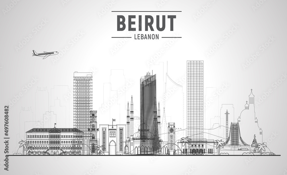 Fototapeta premium Beirut Lebanon line skyline with panorama in sky background. Vector Illustration. Business travel and tourism concept with modern buildings. Image for banner or website.