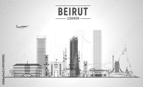 Beirut Lebanon line skyline with panorama in sky background. Vector Illustration. Business travel and tourism concept with modern buildings. Image for banner or website.