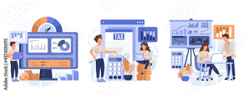 Financial data analysis illustration set. Advisor with client analyzing financial report and calculating tax report. Data and finance management concept. Vector illustration.