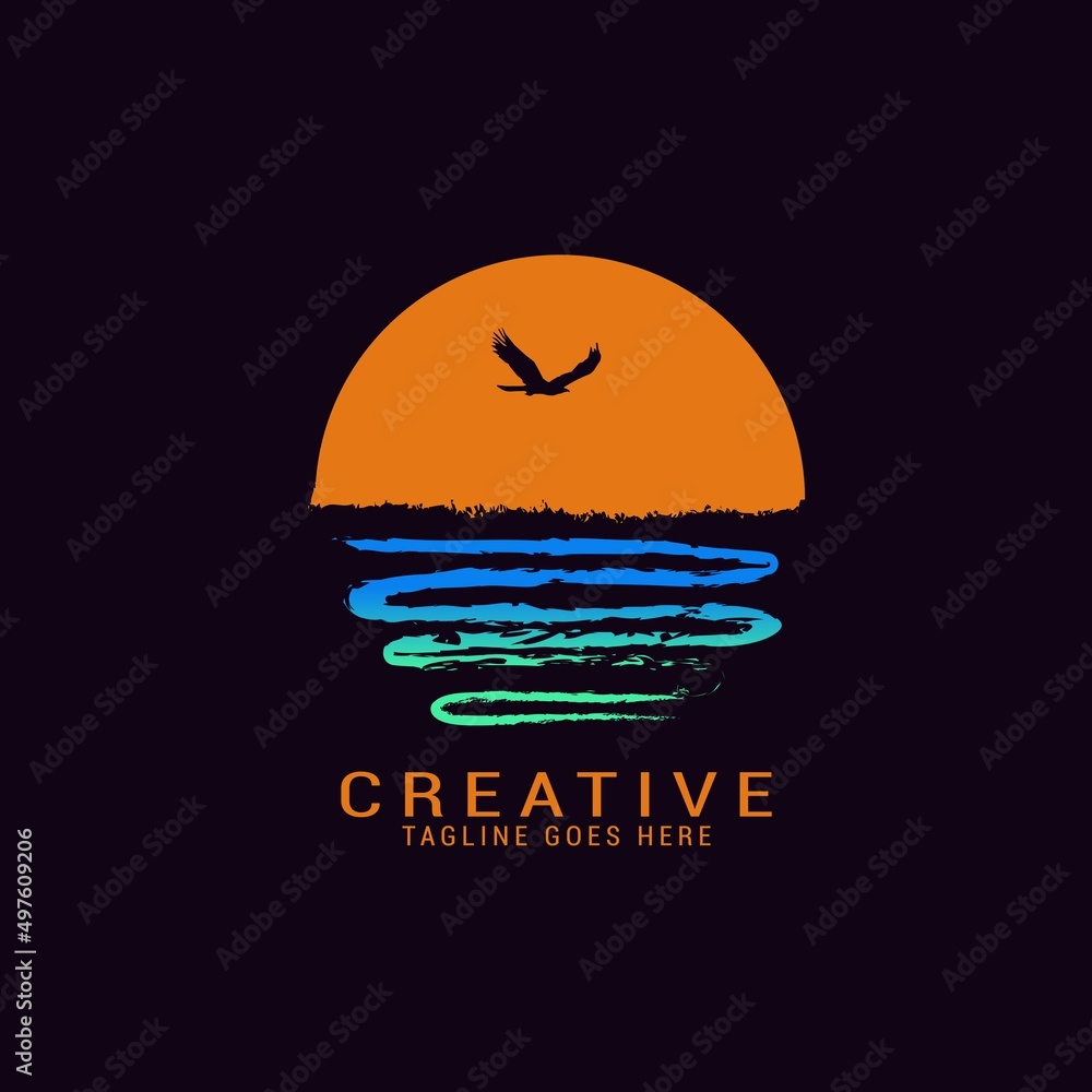 sunset logo template design with flying birds and waves