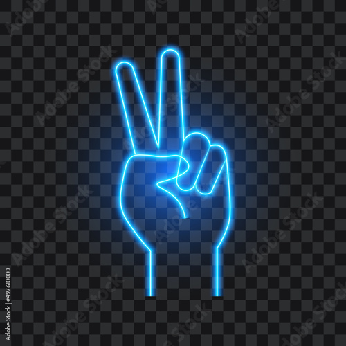 Hand gesture V sign for victory or peace, blue neon line art, vector icon.