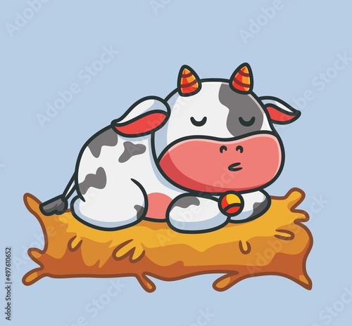 cute cow sleeping on straw. isolated cartoon animal nature illustration. Flat Style suitable for Sticker Icon Design Premium Logo vector. Mascot Character
