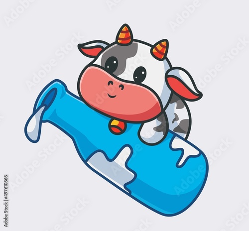 cute cow bring a giant milk bottle. isolated cartoon animal nature illustration. Flat Style suitable for Sticker Icon Design Premium Logo vector. Mascot Character