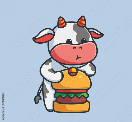 cute cow eating a burger. isolated cartoon animal nature illustration. Flat Style suitable for Sticker Icon Design Premium Logo vector. Mascot Character