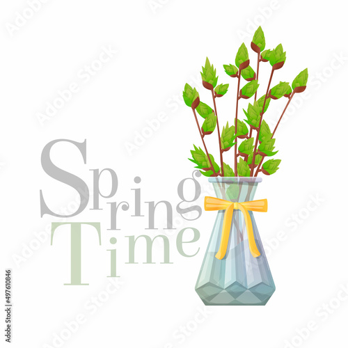 Vector isolated illustration with a set of branches with budding buds in a glass, crystal vase. Concept of spring, time, season, romance. You can use element in banners, postcards, web design, etc.