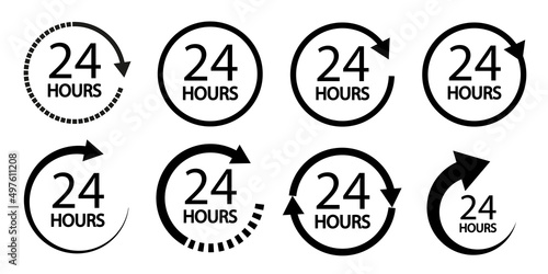 24 hours icons.  twenty four hour icons with arrow loop icon. simpe style sign.