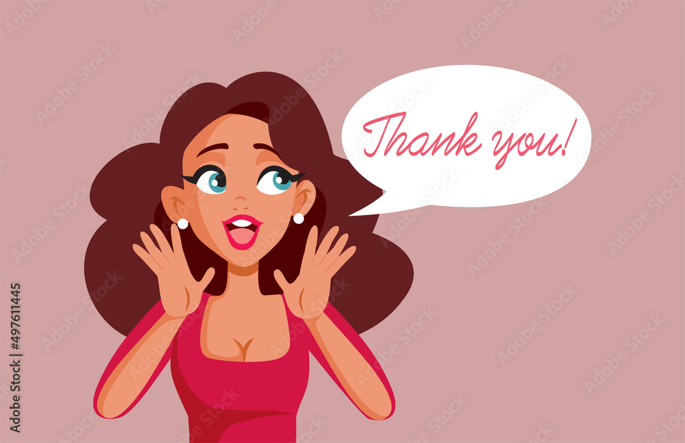 Grateful Thanking Woman with Speech Bubble Vector Illustration