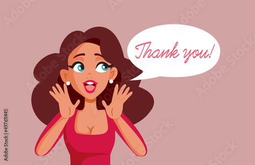 Grateful Thanking Woman with Speech Bubble Vector Illustration