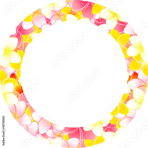 円形のプルメリアの花飾りと白いコピースペースのイラスト