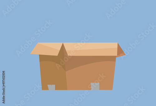 Cardboard box opened isolated on blue background. Vector cartoon modern illustration