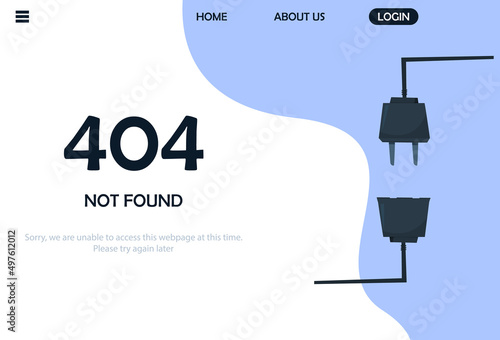 404 Page Not Found error, sockets are disconnected. Vector web page modern cartoon illustration