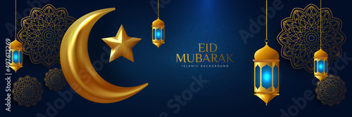 Elegant eid mubarak islamic background with arabesque mandala and golden crescent moon