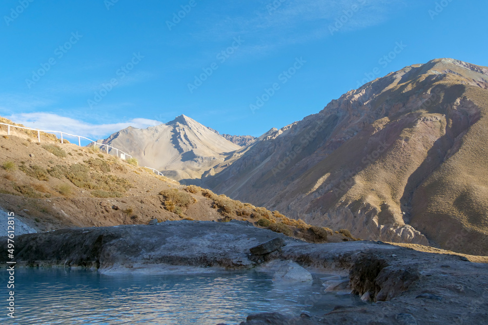 Thermal water pools at Termas Valle de Colina, Cajón del Maipo, a popular tourist destination in Chile, South America