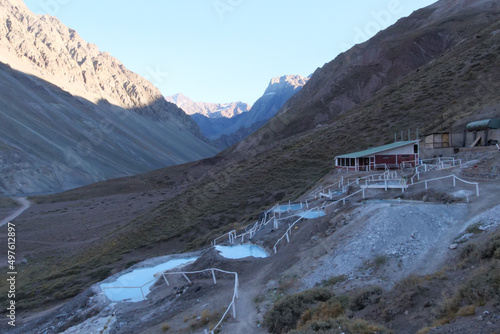 Thermal water pools at Termas Valle de Colina, Cajón del Maipo, a popular tourist destination in Chile, South America photo