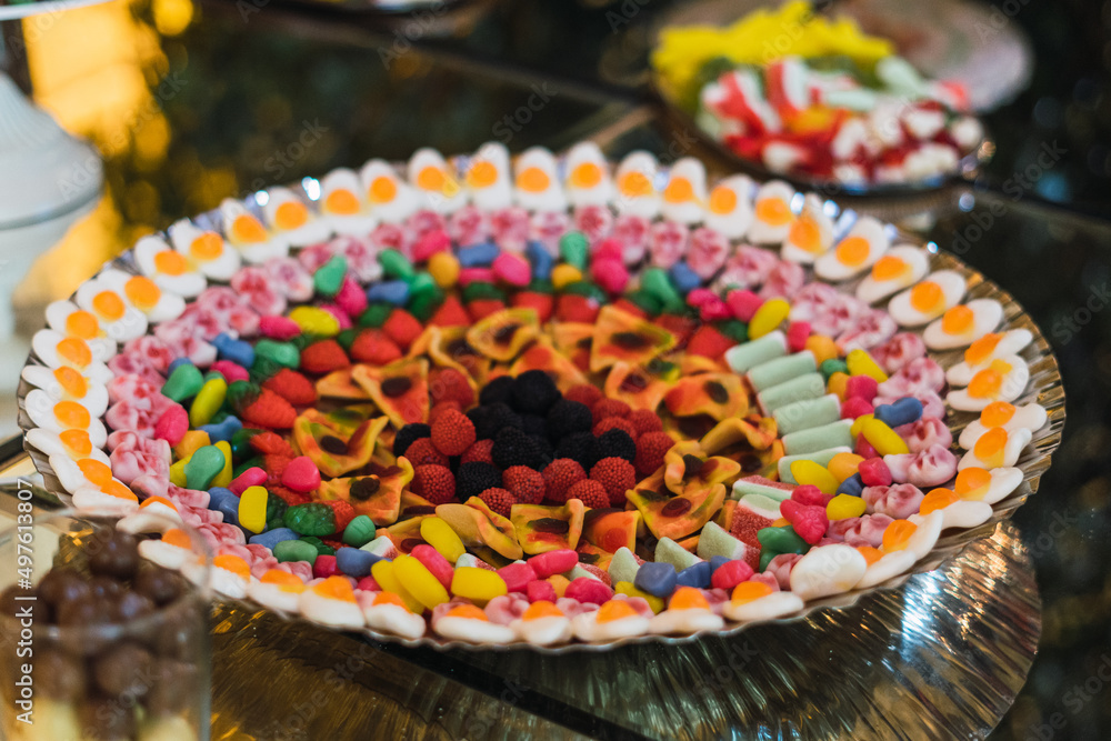 Closeup of colorful sweets on a festive table