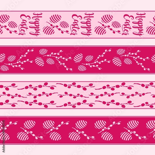 Set of seamless borders with spring easter ornaments and pussy willows and eggs. ribbons