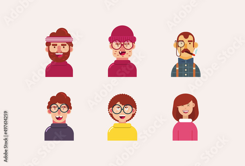 Unique Character Avatar Icon Set for Flat Geometric Profile Avatar People faces. Avatar character in flat design. Businessperson. Vector. Men and women icons on white background. Cartoon illustration.