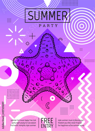 Summer poster design. Vector abstract background. Summer fashion graphic with starfish. Music banner geometric shape. Line art. Party template flyer. Modern pop pattern. Dance beach element poster