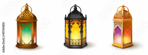 Collection of antique Arabic lanterns (fanoos) isolated on white. Ramadan decorative elements. Vector illustration.