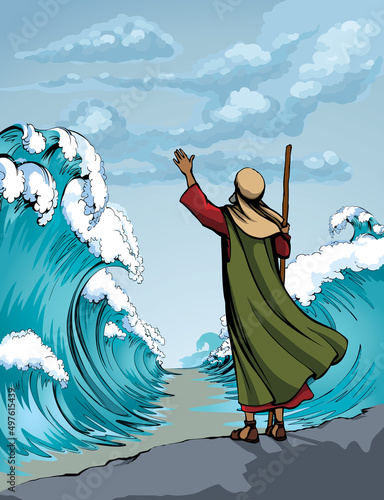 Moses with the staff at the sea. Vector drawing