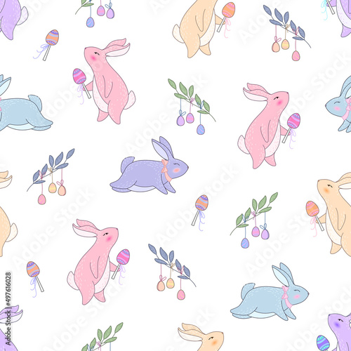 Seamless pattern with different Easter eggs and rabbit.
