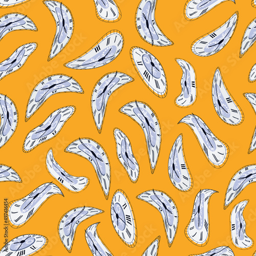 Distorted clock. The symbol of the passing time. Seamless pattern for fabric.