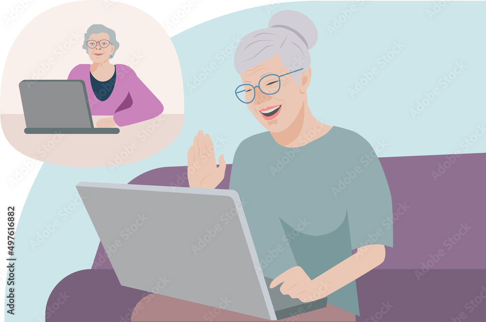 Vector image of happy grandmothers who communicate via video link. Video call. Vector illustration Vector image of happy grandmothers who communicate via video link. Video call. Vector illustration
