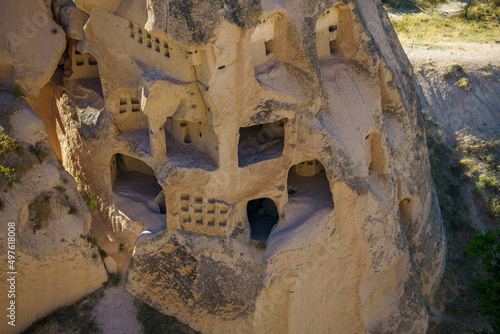 Houses carved into the rocks of the mountain in the area of Cappadocia in Turkey