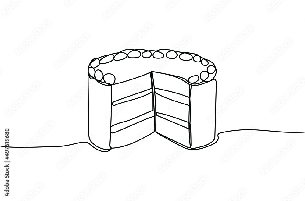 Continuous one line drawing of cut cake. Concept for cafe, bakery, restaurant. Modern style
