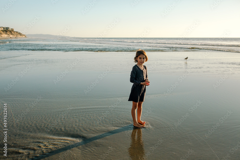 Girl standing in water on beach at sunset Girl standing in water on beach at sunset