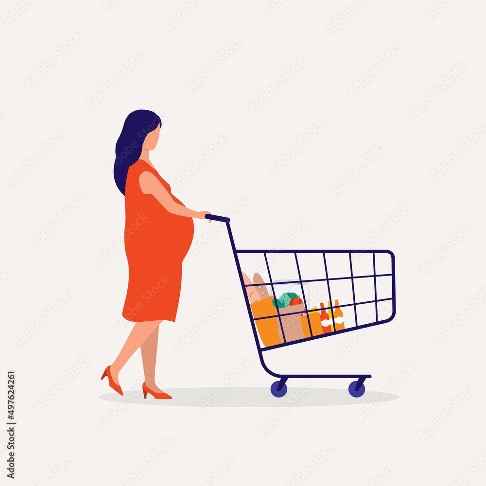 Side View Of A Young Pregnant Woman Pushing A Shopping Cart With Groceries Item Inside. Side View Of A Young Pregnant Woman Pushing A Shopping Cart With Groceries Item Inside.