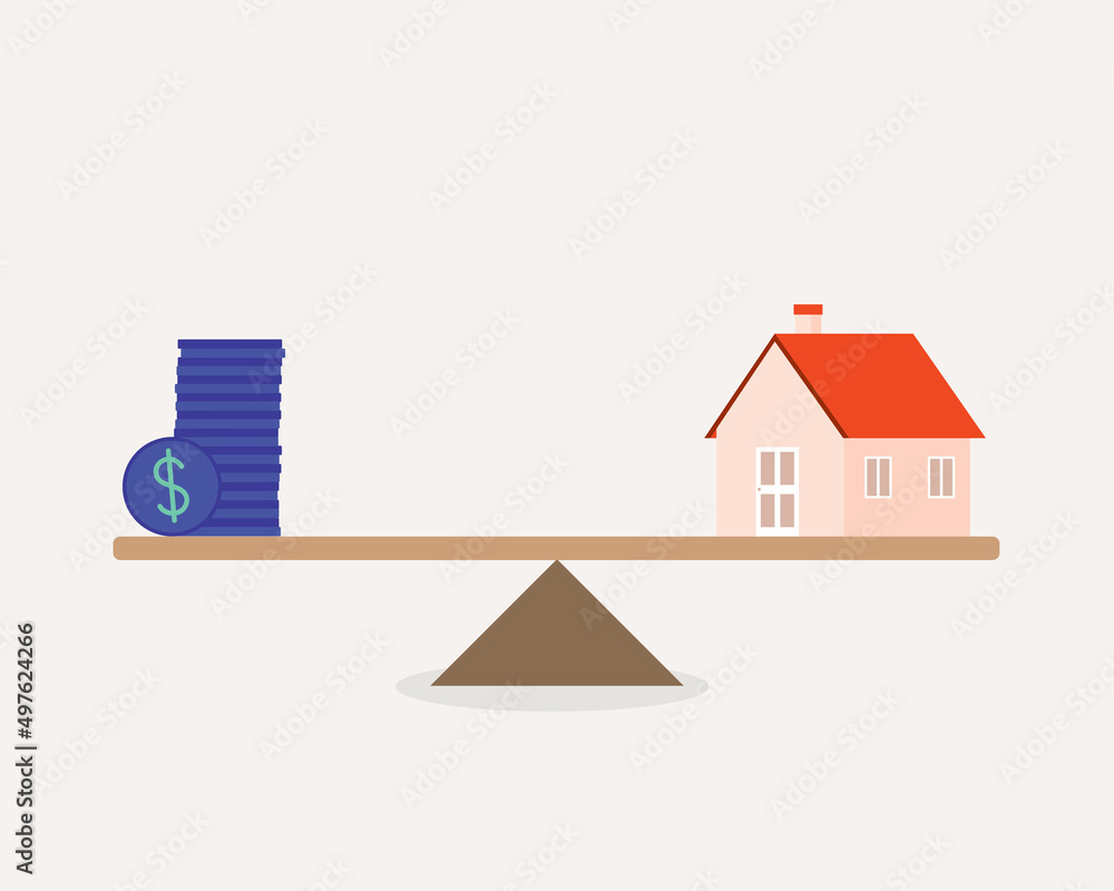 Property Investment Concept. Seesaw Balance Between A Stack Of Money Coin And A House. Property Investment Concept. Seesaw Balance Between A Stack Of Money Coin And A House.