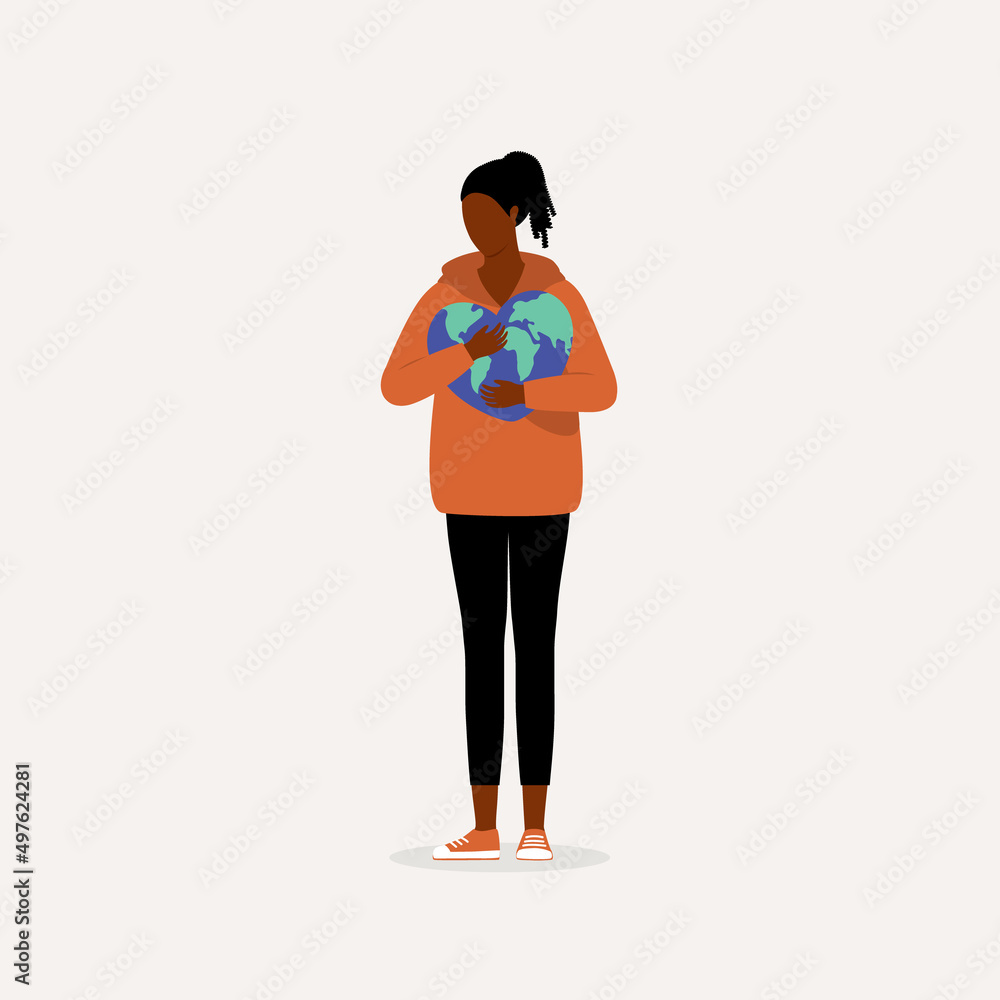 Love The Earth Concept. Young Black Woman Hugging A Heart Shape Planet Earth. Love The Earth Concept. Young Black Woman Hugging A Heart Shape Planet Earth.