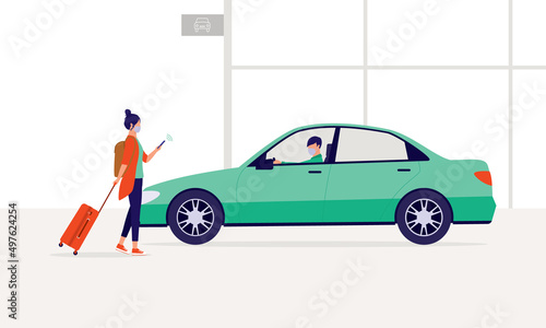 Young Woman With Protective Face Mask Holding A Smartphone Hailing A Car Ride In Front Of The Passenger Pick Up And Drop Off Point In Airport. 