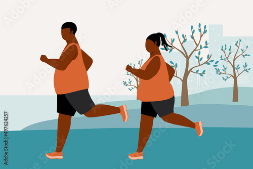 Young Overweight Black Couple Jogging In The Park Together.