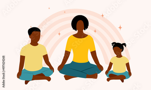 Black Mother With Two Children Sitting Cross-Legged Doing Meditation Together.