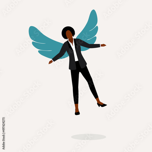 Young Black Woman In Business Wear With Angel Wing At The Back.