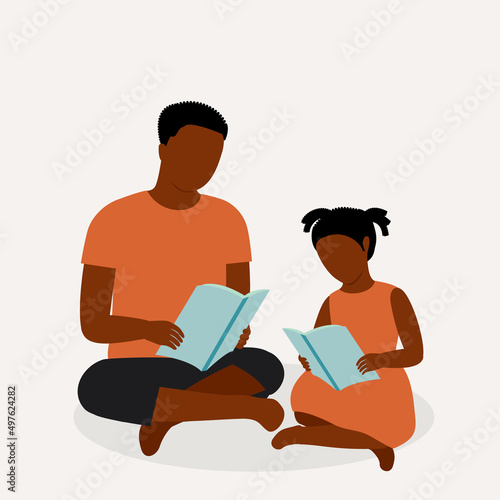 Black Children Sitting On Floor While Reading Book Together.