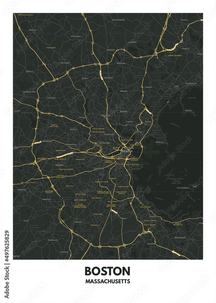 Poster Boston - Massachusetts map. Road map. Illustration of Boston ...