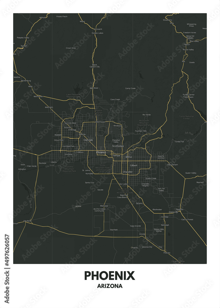 Poster Phoenix - Arizona map. Road map. Illustration of Phoenix - Arizona streets ...